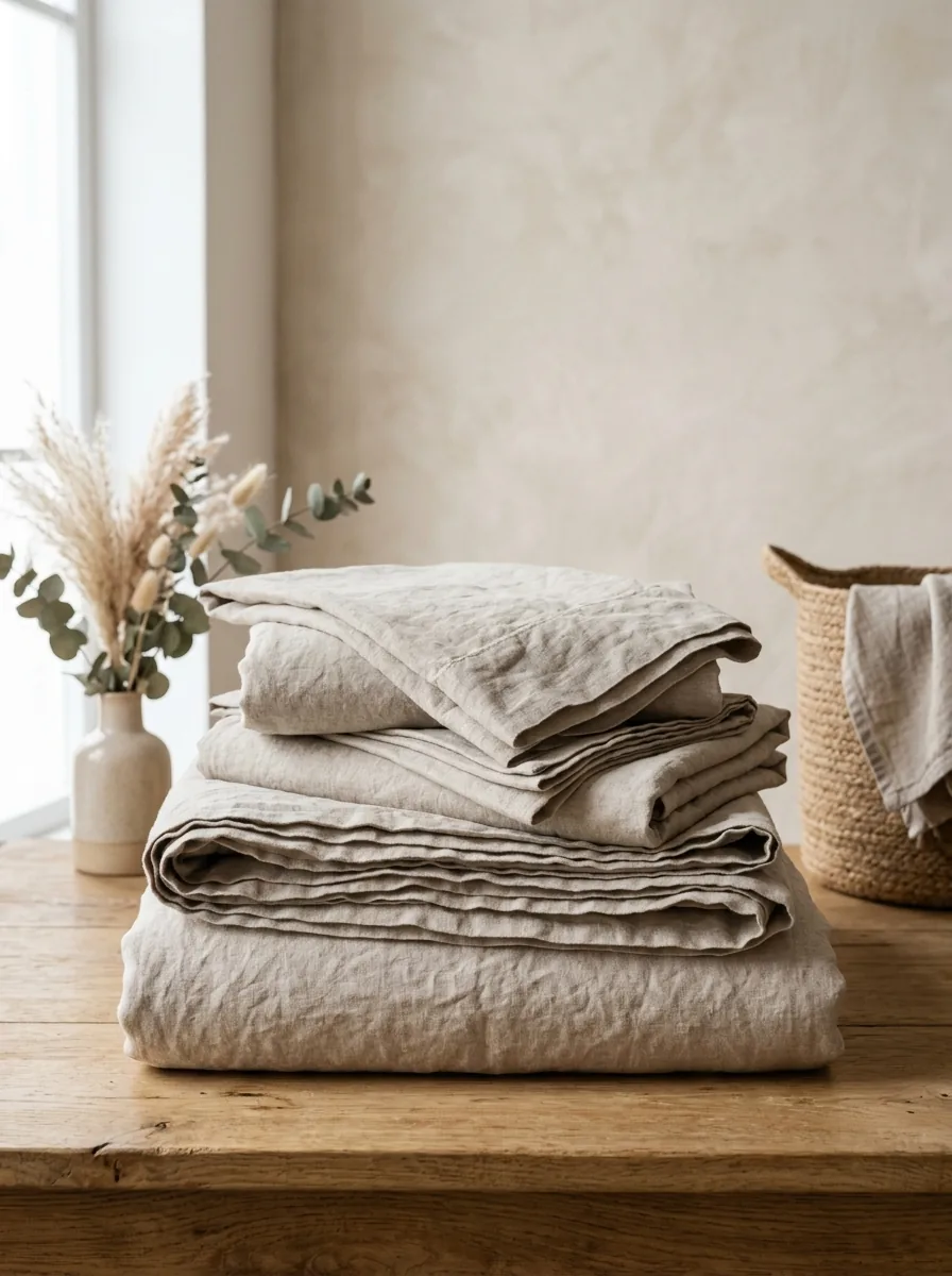Washed linen sheet set, photographed at the Al Imad workshop