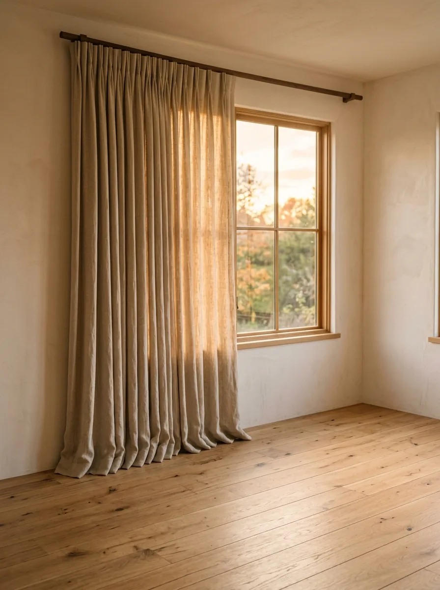 A hand-pleated curtain hanging in a bare white room, lit from one side