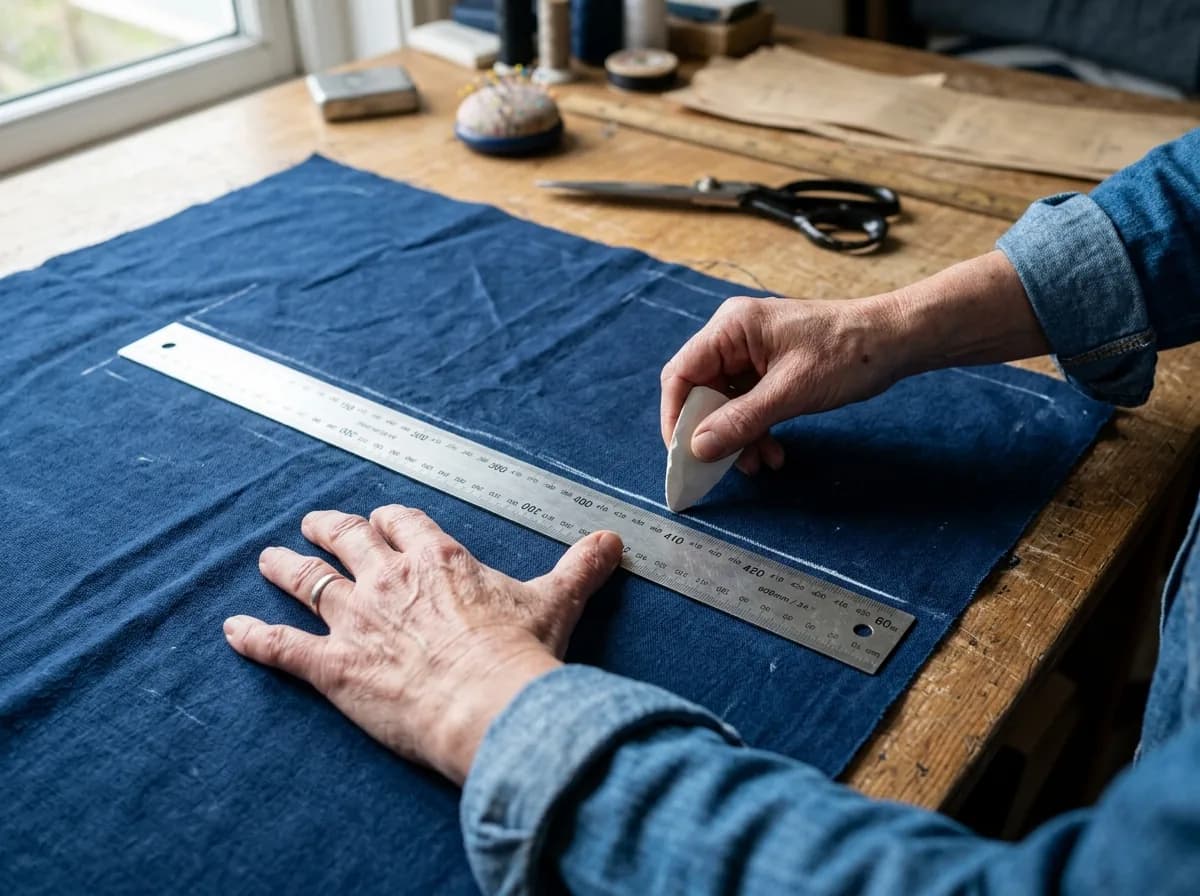 A curtain maker measuring fabric against a steel rule