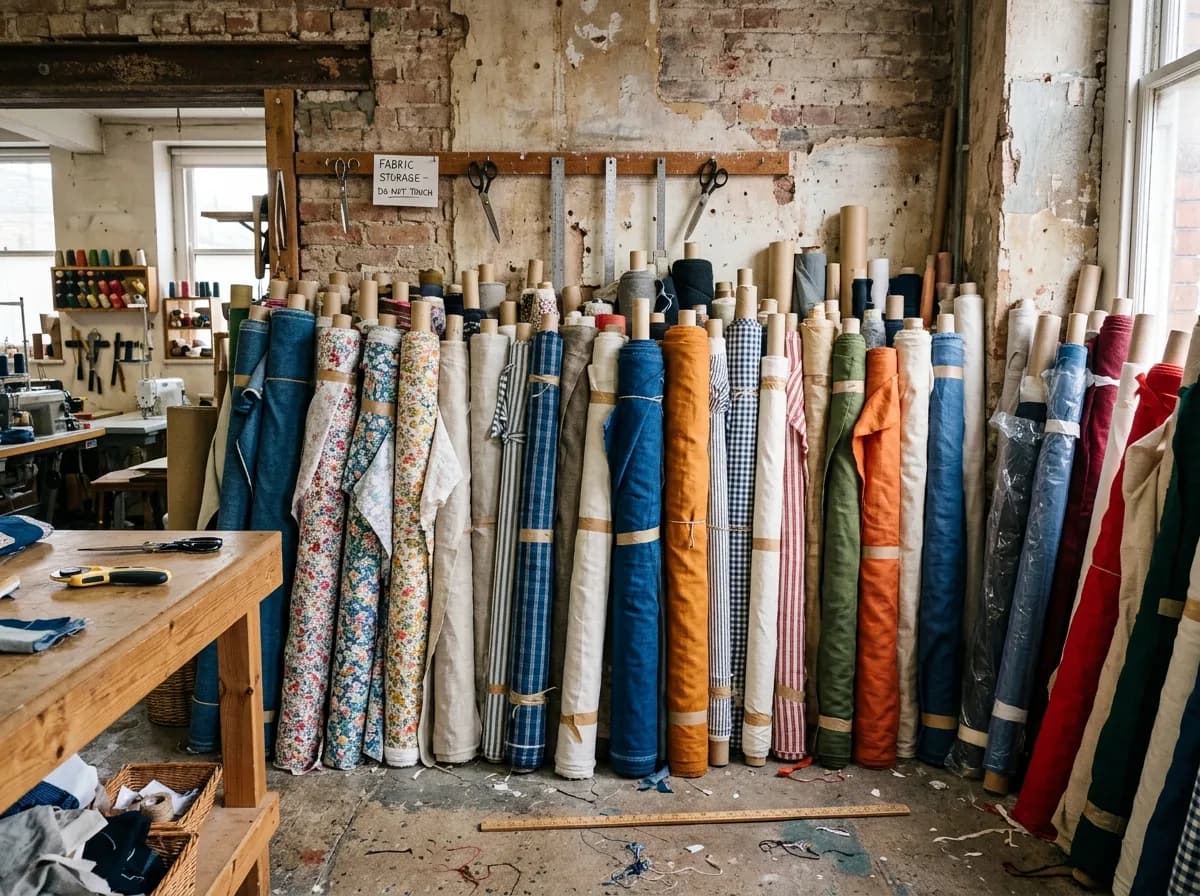 Rolls of curtain fabric standing upright against a workshop wall